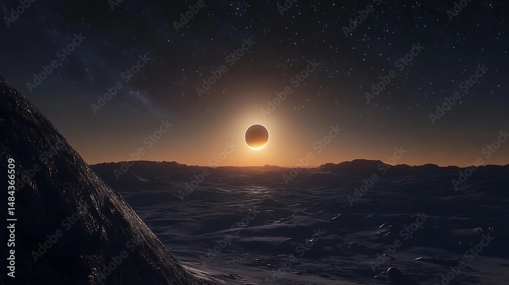 Fototapeta premium Icy landscape partial solar eclipse sunrise