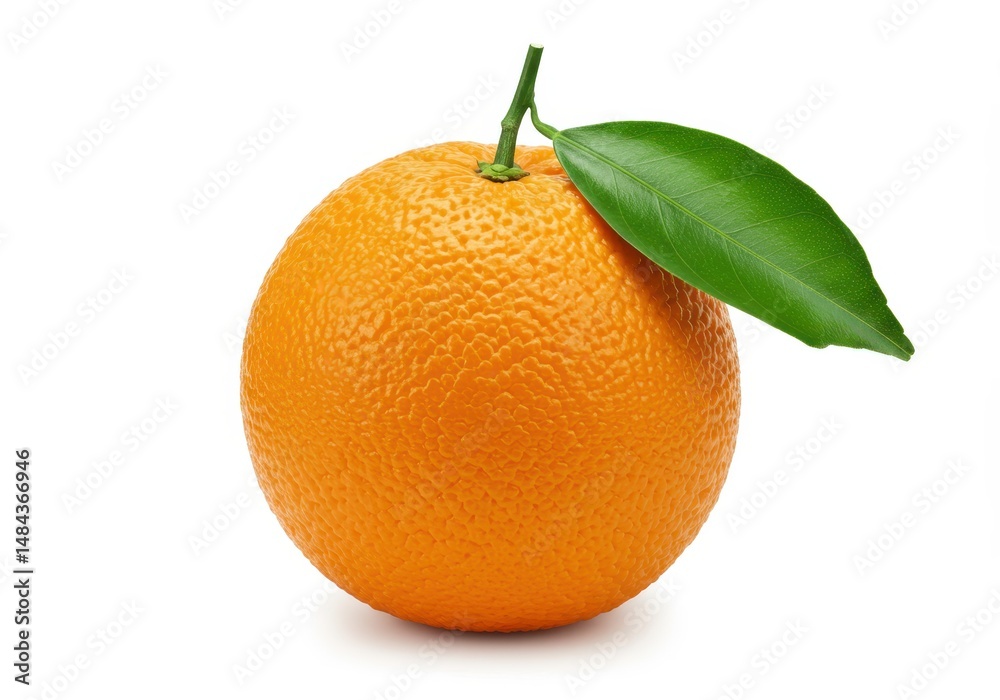 A single orange with a green leaf is isolated on a white background in studio shot A single orange with a green leaf is isolated on a white background in studio shot