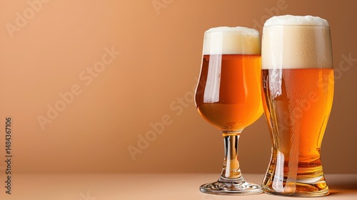 Two glasses of golden beer with frothy white heads stand elegantly on a neutral surface, radiating warmth and inviting refreshment and conviviality tonight.