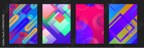 Four vibrant abstract geometric shapes, suitable for backgrounds, web design, prints, and modern art projects. Bold colors attract attention.