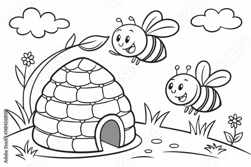 Cute cartoon bees fly around beehive. Black and white vector illustration for coloring book