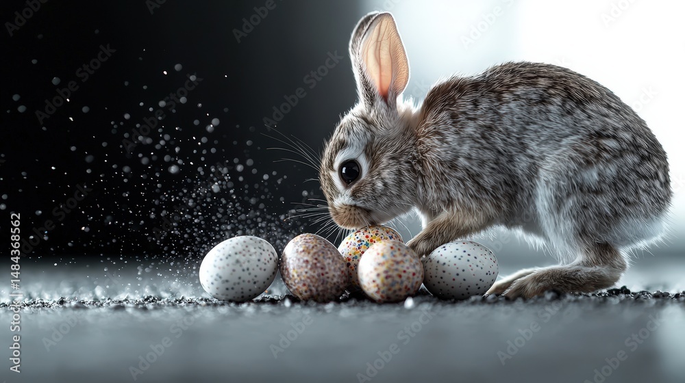 Obraz premium Cute Rabbit with Colorful Easter Eggs in a Bright Setting