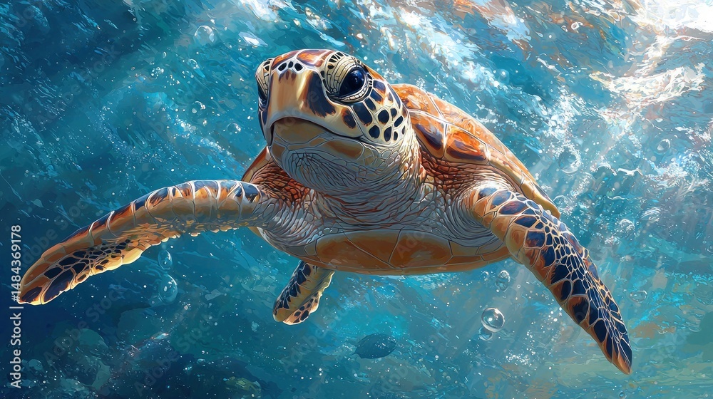 Fototapeta premium Sea turtle swimming in clear turquoise water