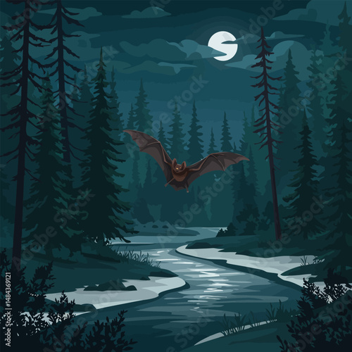 Bat Flying Over River in Forest at Night with Moonlight