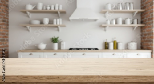 Light Wooden Countertop: Serene White Kitchen with Open Shelving