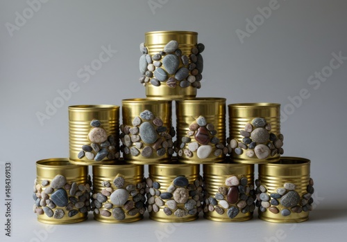 Golden cans decorated with stones isolated on white background