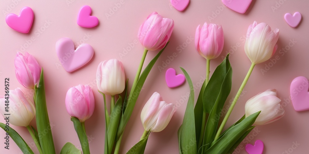 Colorful pink tulips and heart decorations create a vibrant display for a celebration or special occasion