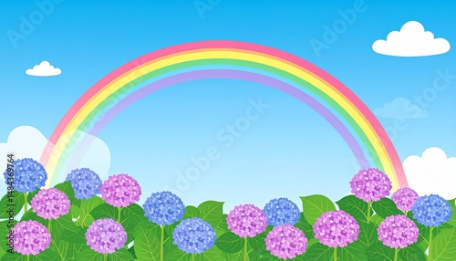 雨上がりの虹と紫陽花の風景画
