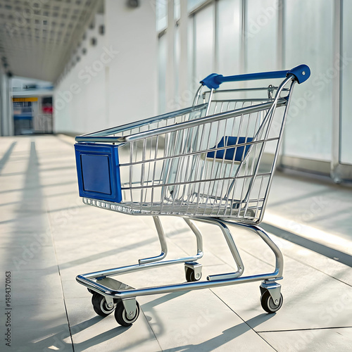 silver and blue shopping cart on white background