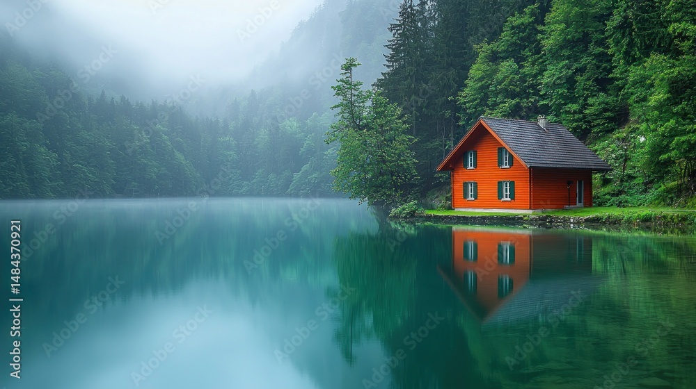Fototapeta premium Peaceful alpine lakefront cabin in misty mountains