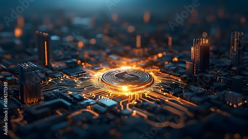 Blockchain network glowing and expanding across a digital cityscape depicting rapid adoption of cryptocurrency and transformative technology in the modern urban landscape