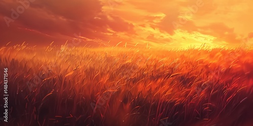 Golden wheat field at sunset with a dramatic sky. Abstract artwork of golden rive field or wheat field landscape or farm in harvest season at sunset. Landscape photo. Farming and harvesting. AIG51.