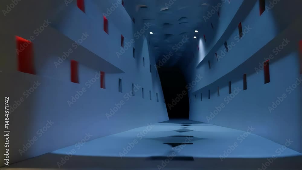 An interior view of a vertical wind tunnel with walls lined by sensors and cameras monitoring the effects of simulated Martian dust storms on various models at varying wind speeds.