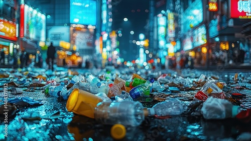 Nighttime city street littered with plastic waste