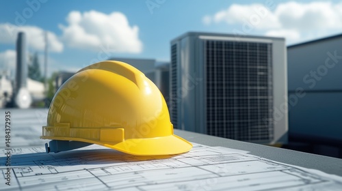 Wallpaper Mural Hard hat resting on HVAC blueprint with duct layout and equipment specs in view Torontodigital.ca