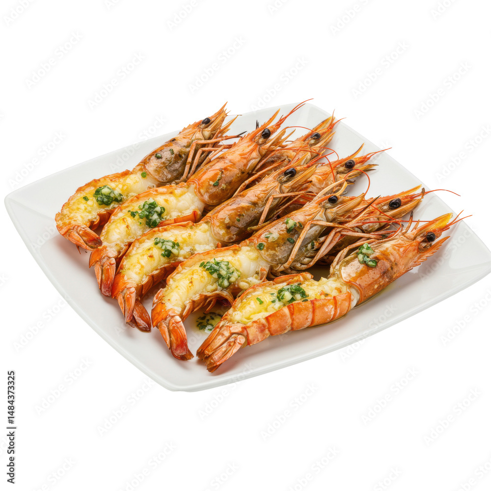 Grilled shrimp platter garnished with herbs, served on a white plate, appetizing meal Grilled shrimp platter garnished with herbs, served on a white plate, appetizing meal