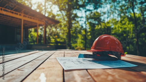 Wallpaper Mural Helmet on deck of modular home construction with framing plan visible Torontodigital.ca
