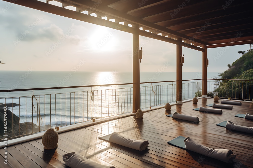 Fototapeta premium Yoga studio with ocean view at sunrise.