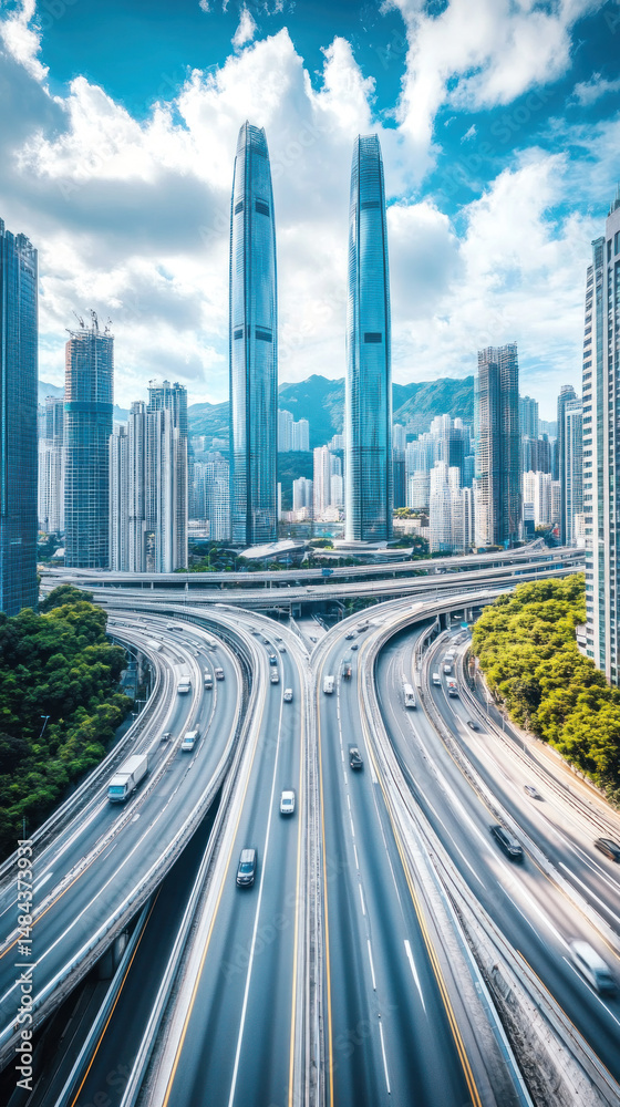Fototapeta premium A city with a lot of traffic and a lot of tall buildings. The sky is blue and there are clouds