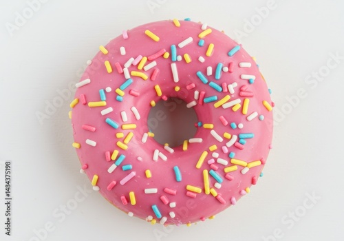 A pink frosted donut with colourful sprinkles sits on a plain white background in a studio shot