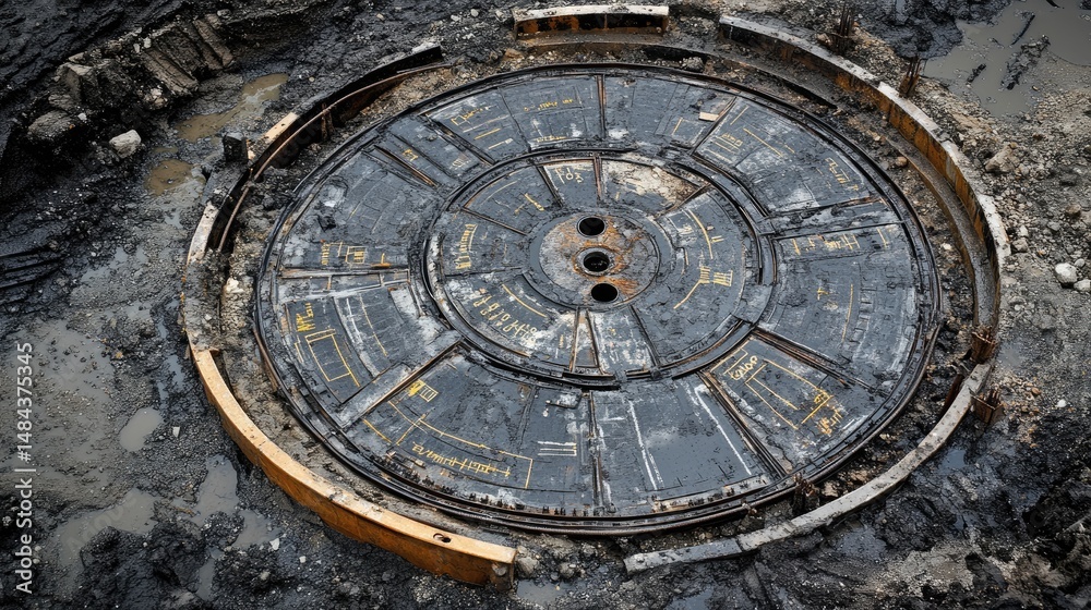 Obraz premium Manhole construction site with labeled plan of underground infrastructure layout