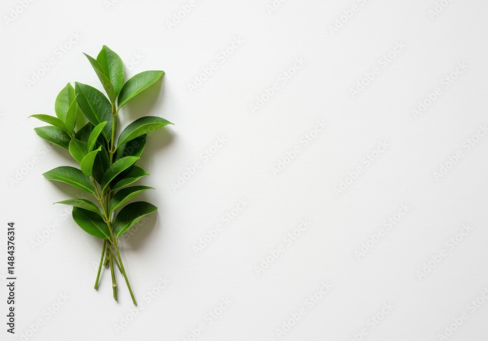 Green leaves arranged on a white surface with plenty of copy space for text or design Green leaves arranged on a white surface with plenty of copy space for text or design
