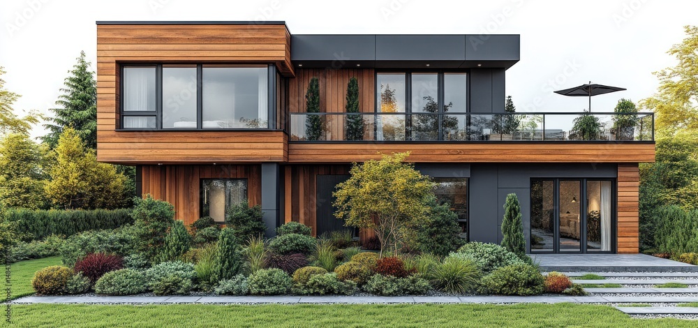Fototapeta premium Modern Architectural Design: Luxurious Two-Story Home with Stunning Landscaping