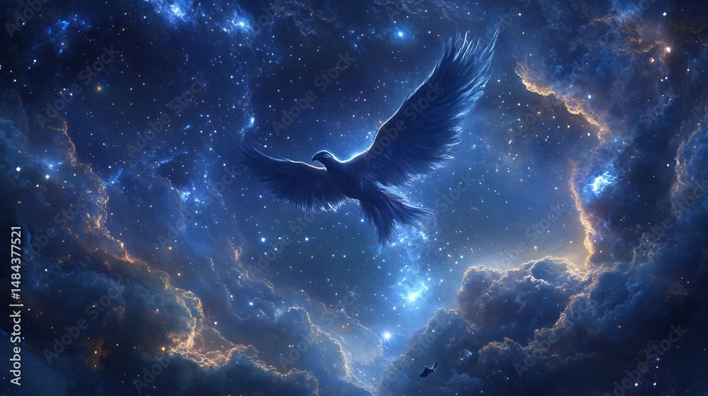 Obraz premium Celestial Falcon: A Serene Flight Through Starry Nebula