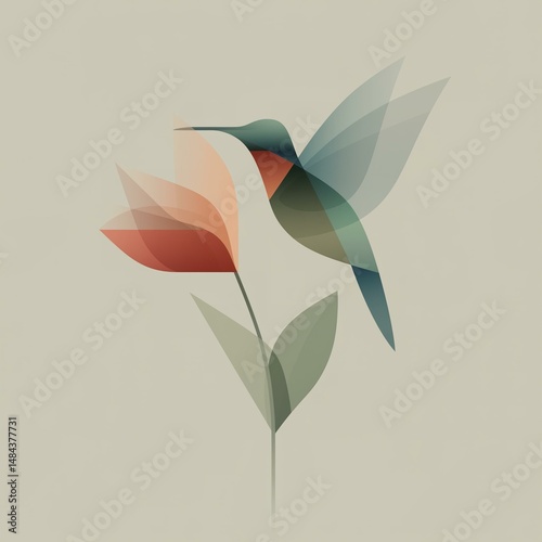 Translucent Hummingbird & Flower. Elegant Abstract Nature Art
