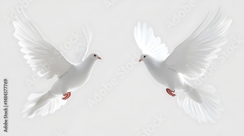 Two white doves in flight, facing each other (1)