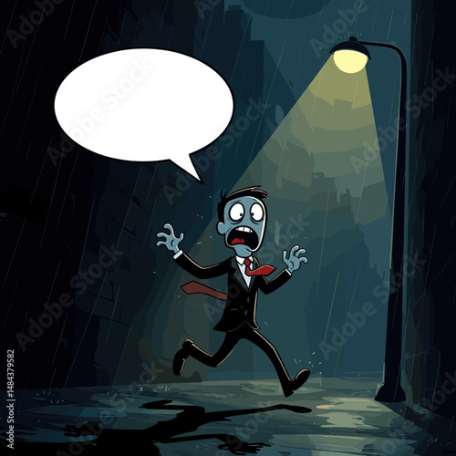 A cartoon zombie with a briefcase races through a gloomy street at night, with a speech bubble overhead.