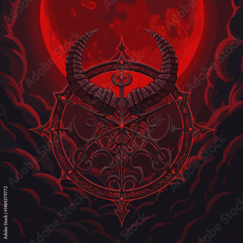 A dark, gothic symbol with horns set against a blood-red moon in a cloudy night sky.