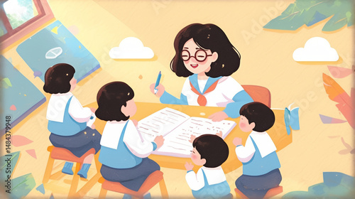 Attentive children listening to the teacher explaining and imparting knowledge in class