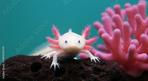 Pale Axolotl on Dark Rock with Pink Coral in Teal Water