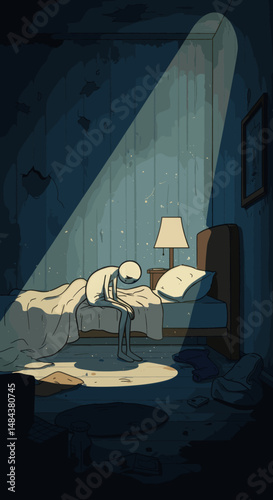 A lonely skeleton sits on a bed in a dark room illuminated by a single hanging light.