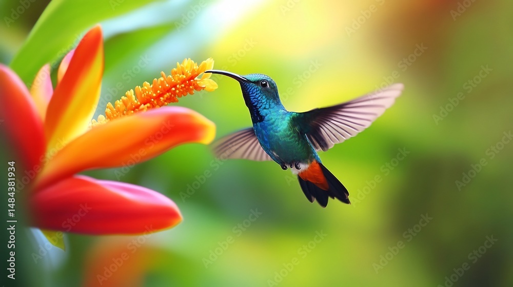 Fototapeta premium Hummingbird's Graceful Nectar Sip: Vibrant Bloom and Tropical Serenity