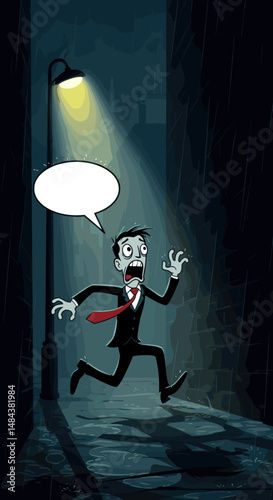 A cartoon zombie in a suit with a red tie runs in panic under a dark sky with a speech bubble.