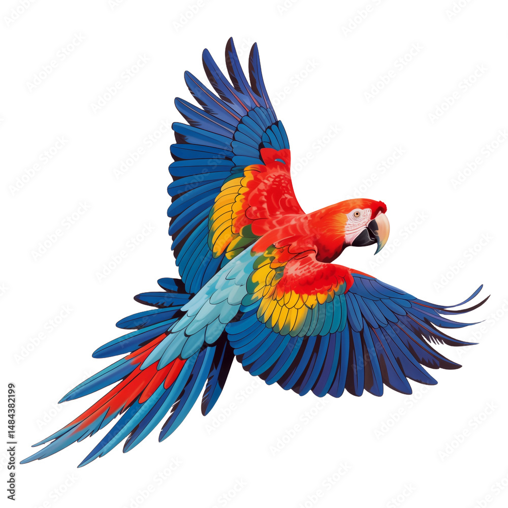 Fototapeta premium Flying Macaw Parrot with Red, Blue, and Yellow Plumage, Transparent
