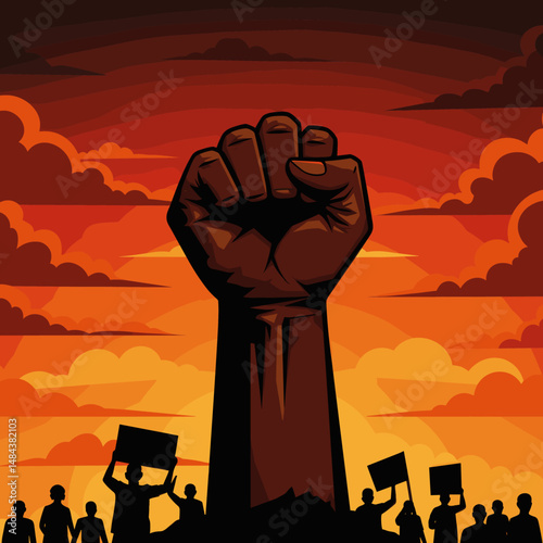 Powerful raised fist silhouette set against a fiery sunset sky.