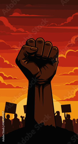 Powerful raised fist silhouette set against a fiery sunset sky.