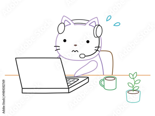 リモートワークをするネコ　カラー線画