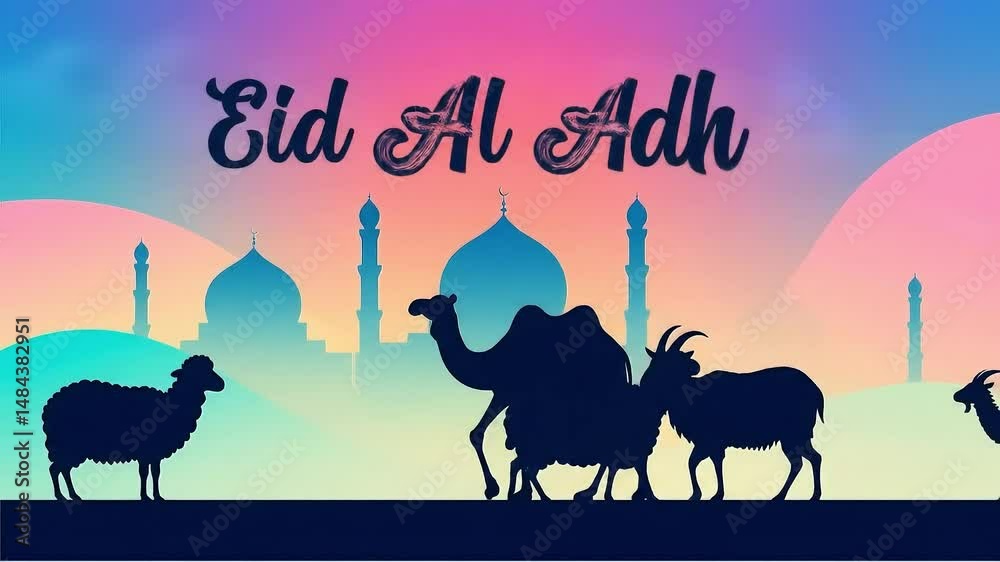 Eid Al adha sheep camel goat Muslim holiday the sacrifice an animal to God Eid al Adha greeting animation hd video