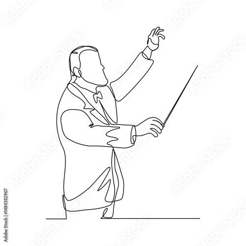 Continuous line art drawing of music conductor directing concert orchestra performance with stick. Vector illustration editable stroke sketch