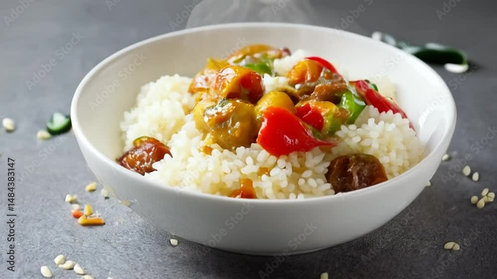 Steaming Rice Bowl Displaying Stir Fried Vegetables and Savory Meat Chunks on Grey Background Steaming Rice Bowl Displaying Stir Fried Vegetables and Savory Meat Chunks on Grey Background