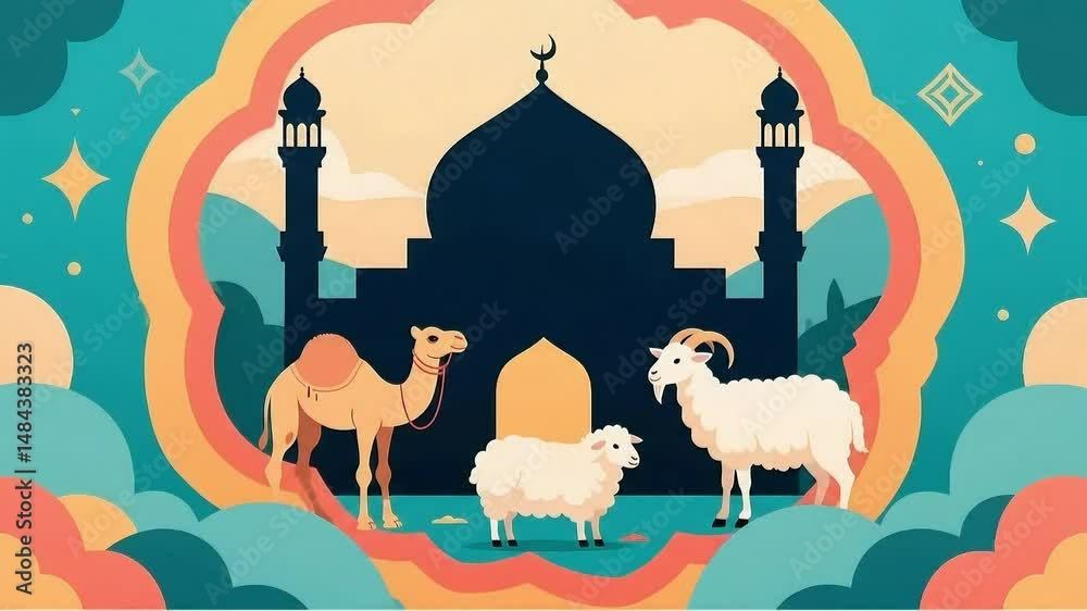 Eid Al adha sheep camel goat Muslim holiday the sacrifice an animal to Eid al Adha greeting animation mosque in the morning