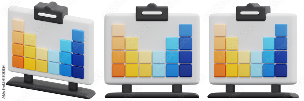 Set of Colorful 3D Bar Charts on Clipboards 3d Render Icon Illustration