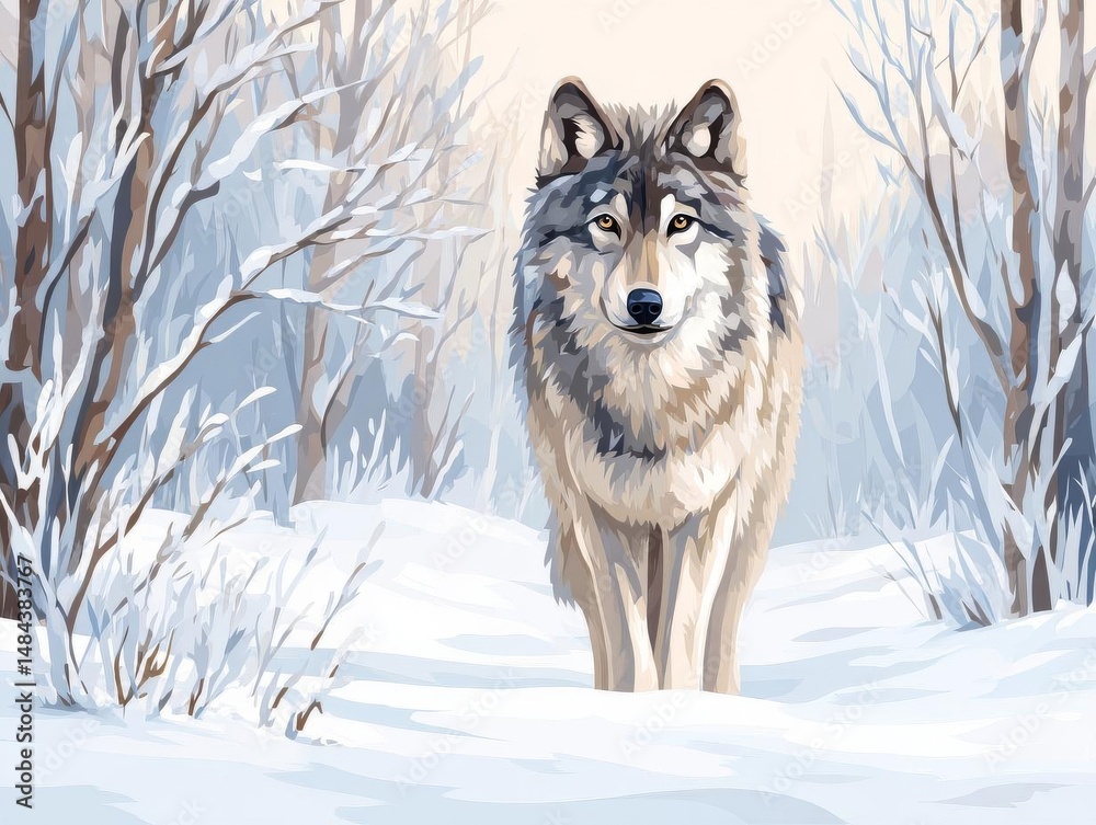 Naklejka premium A majestic wolf stands gracefully in a snowy landscape.
