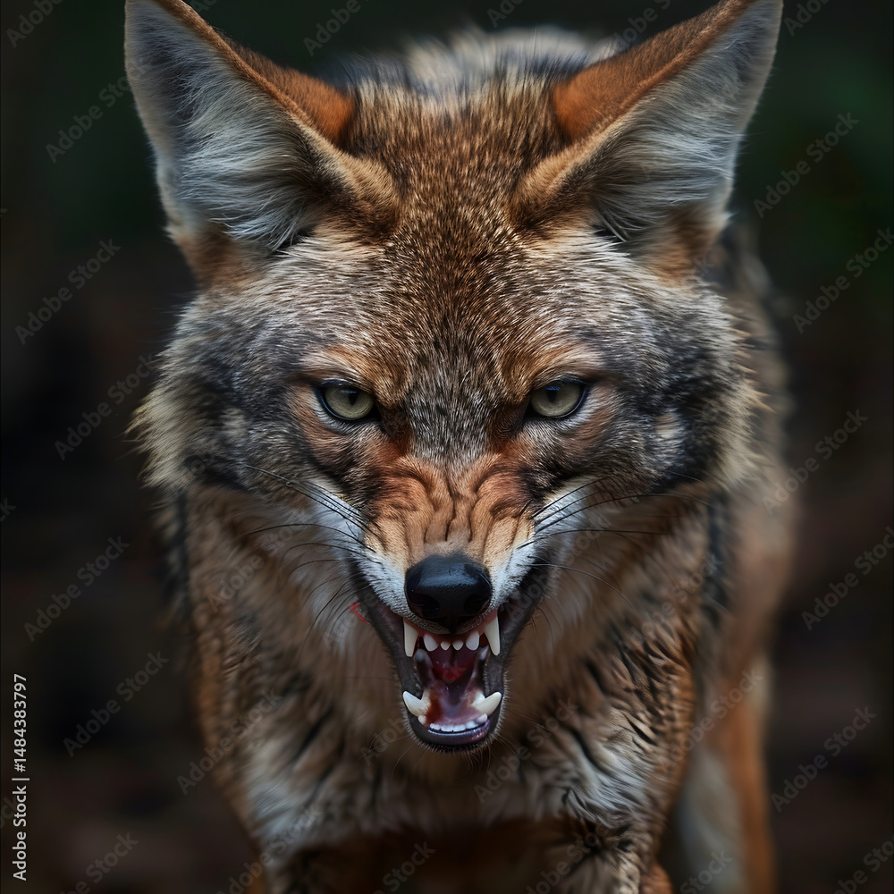 Fototapeta premium Ferocious Coyote Roar: Powerful Wild Canine with Threatening Gape