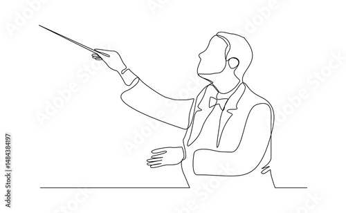 Continuous line art drawing of music conductor directing concert orchestra performance with stick. Vector illustration editable stroke sketch