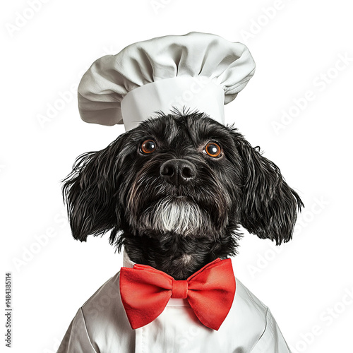 cute dog dressed as chef with red bow tie and cooking hat

